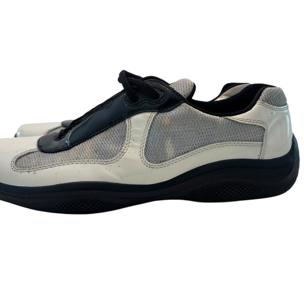 Prada Sport White/Grey Patent Leather Mesh Americas Cup Low Top Trainer Sneakers